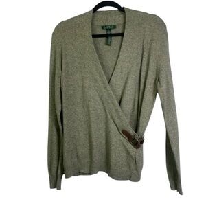 LAUREN RALPH LAUREN Sweater M Knit Wrap Style Leather & Brass Buckle Closure